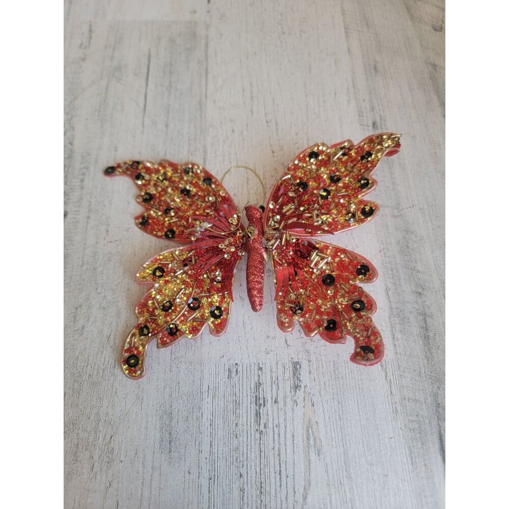Glitter clip on red butterfly sequin ornament Xmas bead
